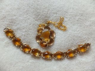 Vintage Costume Jewelry Amber Glass Cab Bracelet & Pendant