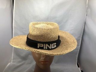 Vtg Ping Natural Straw Wide Brim Panama Golf Hat By Karsten Mens Xl Black Band P