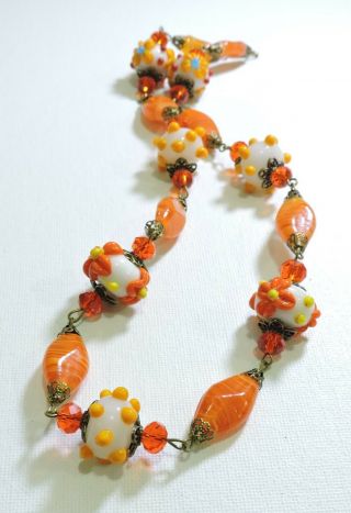 Vintage Orange And White Flowers Lampwork Art Glass Bead Necklace Au19141