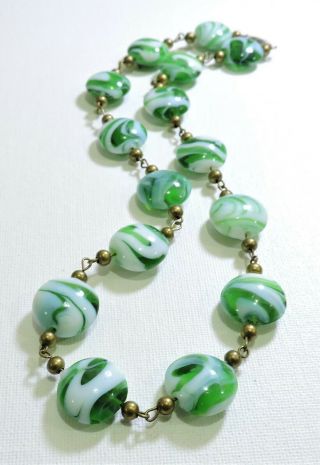 Vintage Green And White Swirled Lampwork Art Glass Bead Necklace Au19139