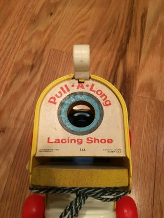 Vintage Fisher Price Pull A - Long Lacing Shoe 146 w 4 wooden people & dog 5