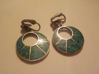 Vintage Sterling Silver & Turquoise Clip On Earrings Native American