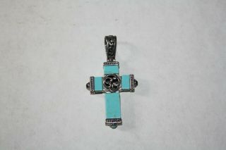 Vintage Sterling Silver Cross Necklace Pendant With Turquoise And Black Onyx