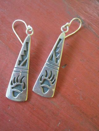 Vintage Hopi Native Sw Sterling Silver Overlay Bear Paw Dangle Earrings Signed