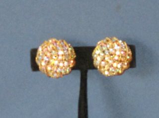 Vintage Signed Lisner Gold - Tone Metal Aurora Borealis Rhinestone Clip Earrings