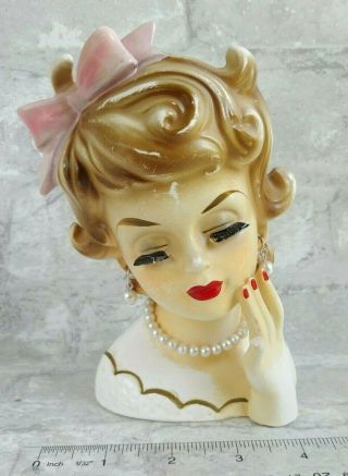 Vintage Rubens 489 Lady Grow Head Vase Ceramic Planter - Pink Hair Bow Pearls