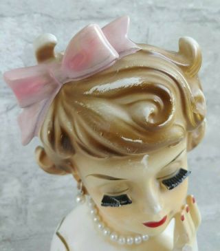 Vintage RUBENS 489 Lady Grow Head Vase Ceramic Planter - Pink Hair Bow Pearls 2