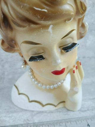 Vintage RUBENS 489 Lady Grow Head Vase Ceramic Planter - Pink Hair Bow Pearls 3
