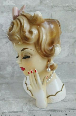 Vintage RUBENS 489 Lady Grow Head Vase Ceramic Planter - Pink Hair Bow Pearls 5