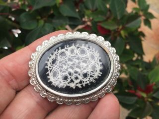 Vintage Exquisite Brooch Handmade Bobbin Lace Fine Detail In Silver Surround