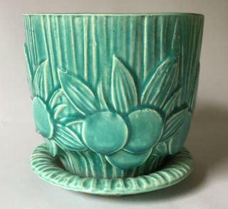 Vintage Mccoy Sand Dollar Pattern 6 " Flower Pot W/saucer - Gloss Aqua