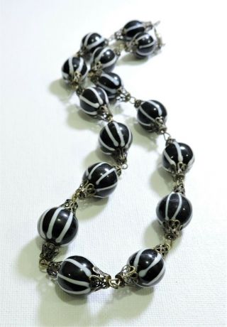 Vintage Black With White Stripes Lampwork Art Glass Bead Necklace Au19115