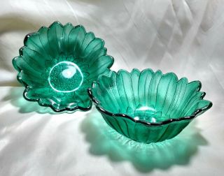 Set Of 2 Vintage Teal Blue Glass Bowls Flower Design Turquoise Glass Teal Glass