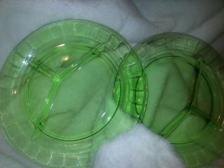 - 2 - Vintage Green Depression Glass Divided Grill Plates Block Optic