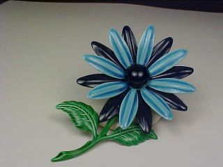 Vintage Blue/green Enameled Metal Flower Brooch