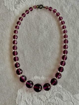 Vintage Art Deco Purple Faceted Glass Crystal Graduated Beaded Necklace