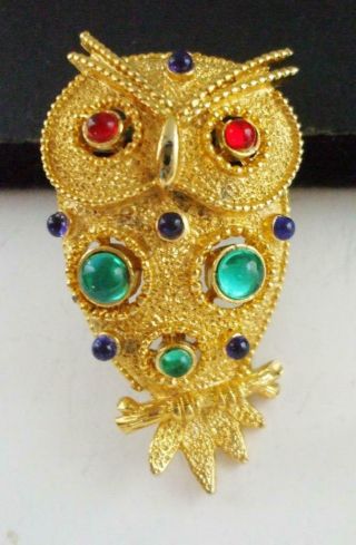 Sweet Vintage J.  J.  Owl Bird Pin Brooch W/red And Green Cabs & Tiny Blue Beads