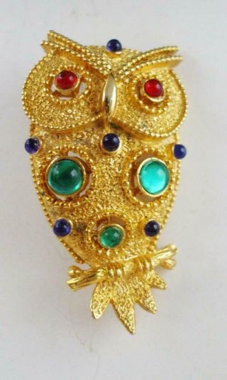 SWEET VINTAGE J.  J.  OWL BIRD PIN BROOCH W/RED AND GREEN CABS & TINY BLUE BEADS 3