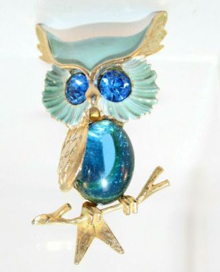 Vintage Light Blue Enamel & Sapphire Blue Cabochon Silvertone Owl Pin