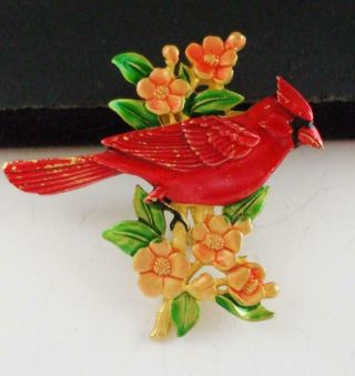 Sweet Vintage J.  J.  Red Cardinal Bird & Orange Flowers Enamel Pin Brooch
