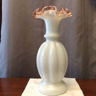 Vintage Fenton Milk Glass & Rose Crest Ruffled Rim W/mellon Ribbed Vase.  1 More.