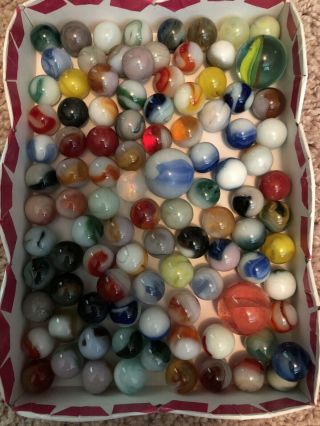 Vintage Speckled Glass Marbles Yellow Blue Red Green 100,  9/16th; 3 Shooters