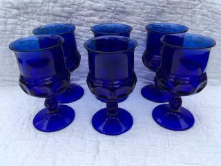Vintage Set Of 6 Kings Crown Cobalt Blue Glass Water/wine Stemmed Goblets - 6 Oz