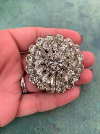 Vintage Round Silver Tone Rhinestone Brooch Pin Unsigned