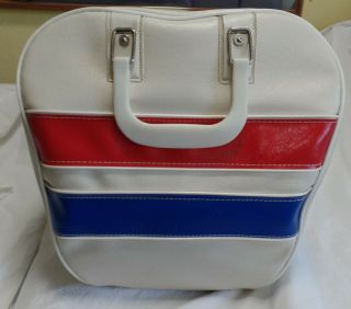 Vintage Brunswick Red White & Blue One Ball Bowling Bag With Metal Shoe Rack Usa