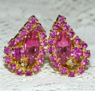 Pretty Vintage Gold Tone Pink & Ab Rhinestone Clip - On Earrings Kk87
