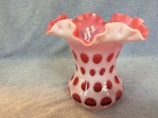 Vintage Fenton Cranberry Coin Dot Ruffled Vase Opalescent 6 1/4 "