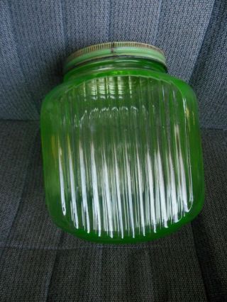 Vtg Green Depression Glass Sugar Canister/cookie Jar With Tin Label