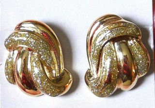 Avon Clip On Earrings Two Tone Gold Plated Glitter Swirl Runway Bold Tru 80s Vtg