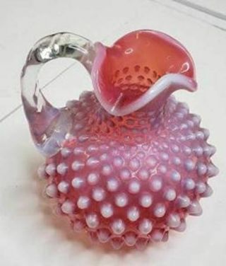 Vintage Fenton Red Cranberry Opalescent Hobnail Pinched Edge Pitcher 4 