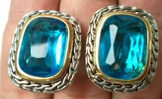 Stunning Vintage Estate Blue Rhinestone Two Tone 3/4 " Post/clip Earrings 2389f