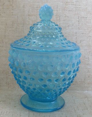 Vintage Fenton Blue Opalescent Hobnail Candy Dish W/lid 1940 - 1950 