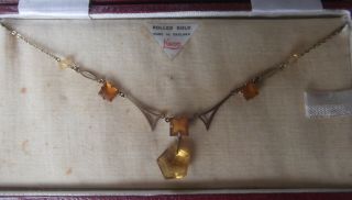 Vintage Nuvo,  England Rolled Gold Necklace With Amber Coloured Glass Stones,  Box