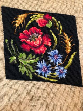 Vintage Unfinished (?) Wool Needlepoint Picture Red Rose On Black Paragon