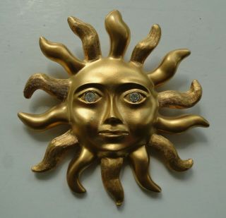Vintage Avon Gold Sun Face Brooch Pin Pendant Rhinestone Eyes Celestial 2.  5 "