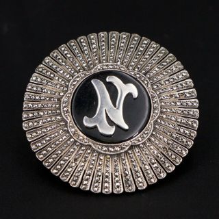 Vtg Sterling Silver - Art Deco Marcasite Onyx Initial N Pendant Brooch Pin - 25g