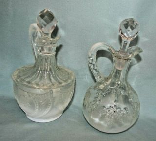 2 Vtg Opaque To Clear Glass Cruets Northwood? Floral & Heart Design