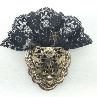 Vintage Corsage Flower Holder Brooch Pin Black Lace Fabric Costume Jewelry