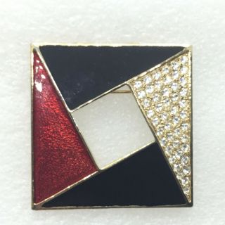 Vintage Art Deco Brooch Pin Red Guilloche Black Enamel Rhinestone Jewelry