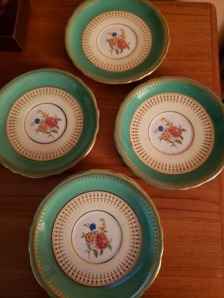 7 Vintage Aynsley Bone China Saucers Green W/gold Pale Yellow & Floral Center.