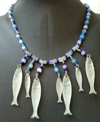 Stunning Vintage Estate Blue Glass & Lucite Fish Beaded 23 " Necklace 2380e