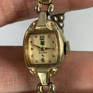 Vintage Elgin Ladies Shamrock 10 K Gold Filled Stretch Band Wristwatch 1954