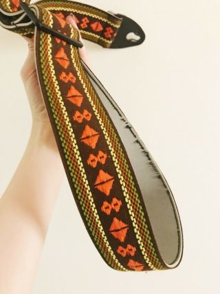 80 ' s ACE Vintage Guitar Strap Embroidered Orange Brown Yellow Plastic Ends 4