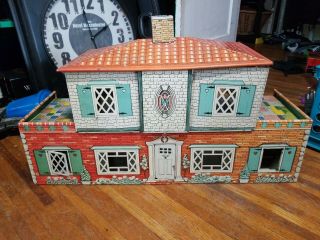 Vintage Tin Doll House Lithograph Large 1950s 2 Story - T.  Cohn