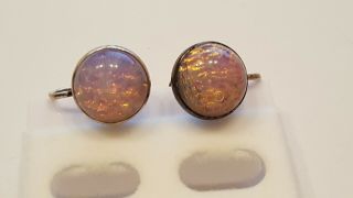 Vintage Sterling Silver Pink Foil Glass Screw Style Earrings