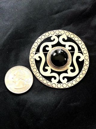 Large Vintage Taxco 23 Grams Sterling Silver Onyx Brooch Or Pendant